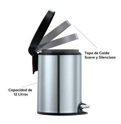 Caneca de pedal acero inoxidable caída suave 12 litros - Imagen 3