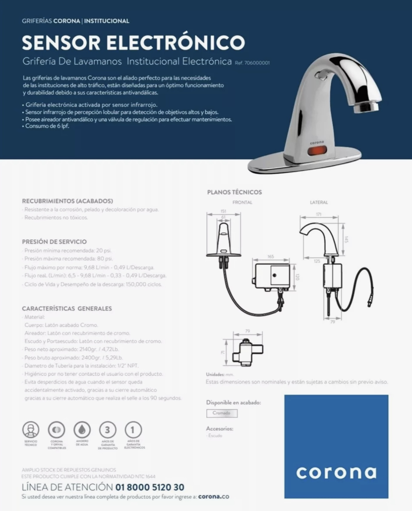 Grifería de Lavamanos Electrónica Corona Institucional - Imagen 2
